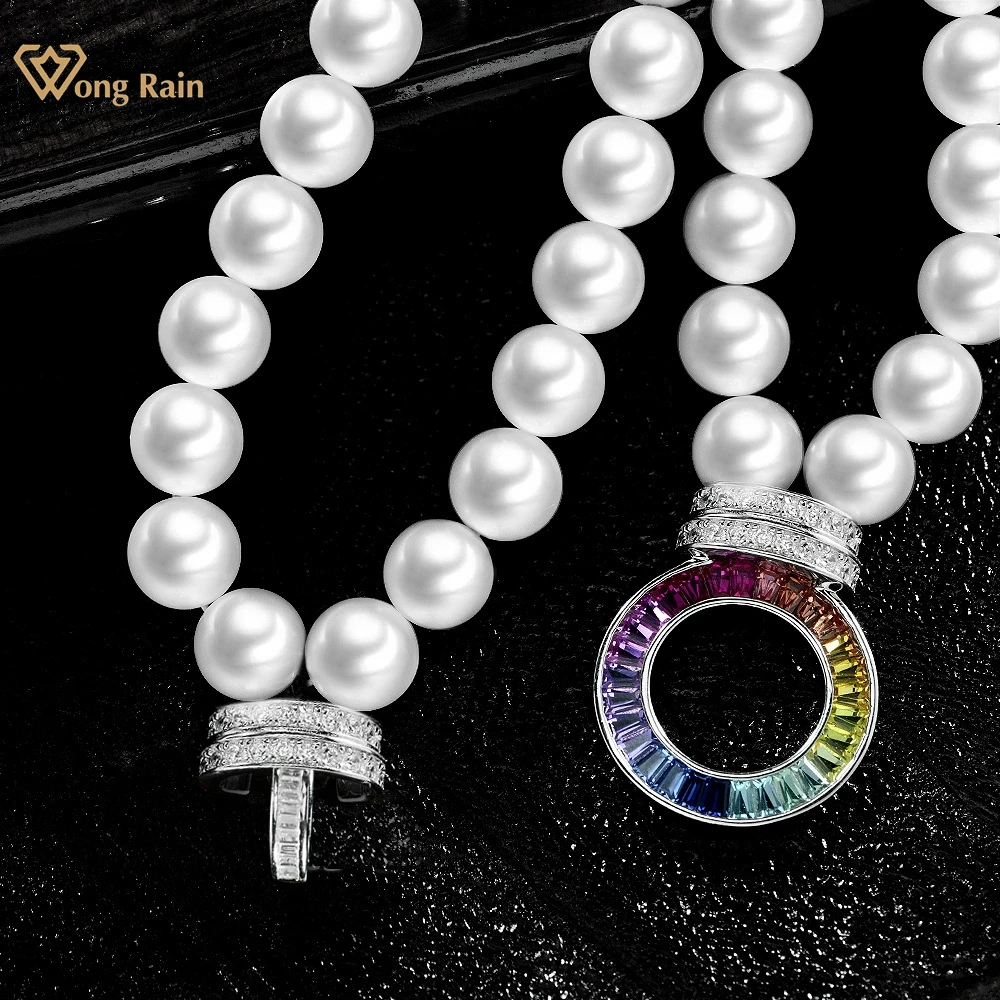 Wong Rain Luxury 925 Sterling Silver 8MM Pearl High Carbon Diamond Gemstone Necklace for Women Fine Jewelry Anniversary Gifts