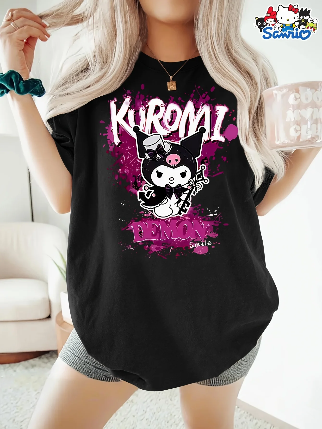 سانريو كورومي تي شيرت المرأة الرجال القطن تي شيرت س الرقبة عادية كبيرة الحجم قصيرة الأكمام فضفاضة الشارع الشهير قمة الموضة الملابس الصيف #2