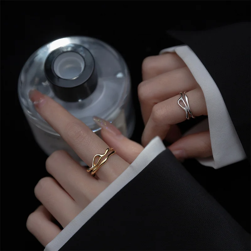 Personality Wavy Curved Free Form Ring Unisex Irregular Hollow Double Line Geometric Rings Adjustable Open Wedding Party Jewelry