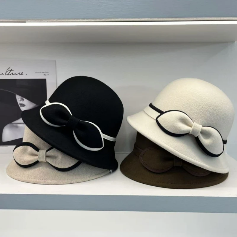 

2025 Новинка, 100% австралийская шерсть, шикарная шляпа-ведро с маленьким ароматом и большим бантом, теплая шляпа для бассейна, милая белая фетровая шляпа для девочек