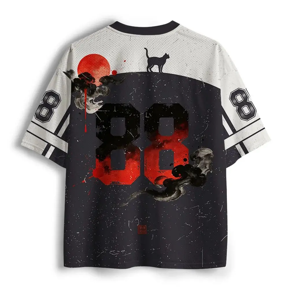 Japanese Ink-black Cat Warrior Men's Personalized Print Navy Style Adult and Children's V-neck T-shirt