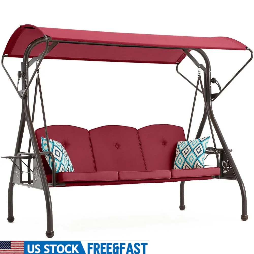 800LBS Heavy Duty Patio Swing with Canopy 3-Seat Porch Swing Adjustable Cushions Anti-Rust Metal Frame Outdoor Bed with Cup