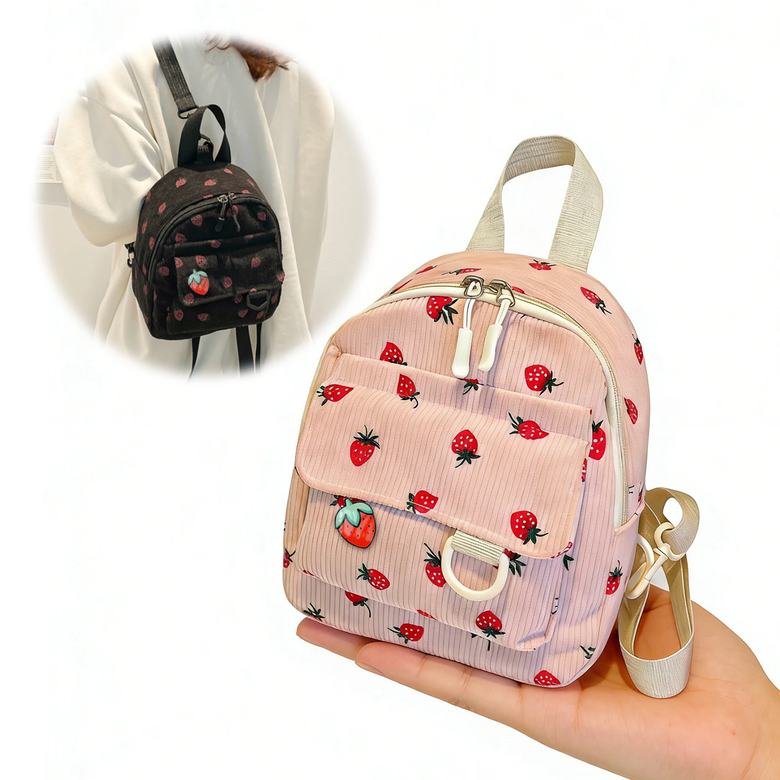 Strawberry Corduroy Mini Backpack Purse Stylish Small Backpack Casual Daypack for Women Teenagers and College