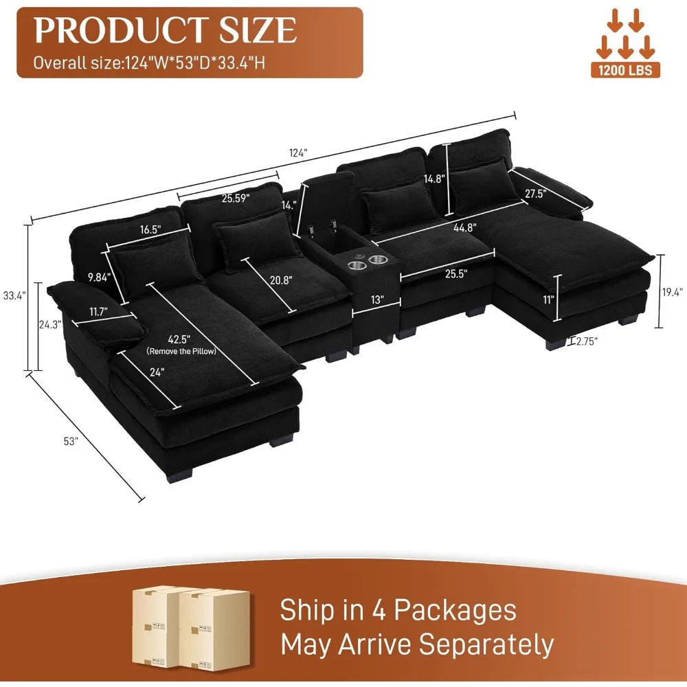 U Shaped Cloud Couch Sectional Sofa,  Modern Modular Sectional Sofa with Central Console & USB Port