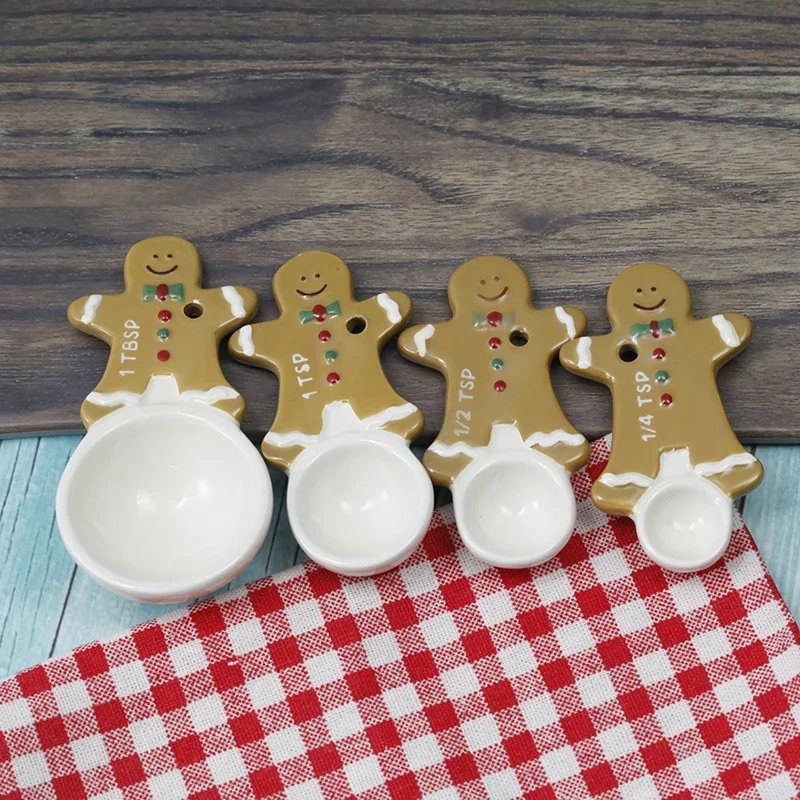 4 Pcs/set Christmas Measuring Tools Set Spoons Ceramic Gold Lovely Cartoon  Cups  Gift   Spoon