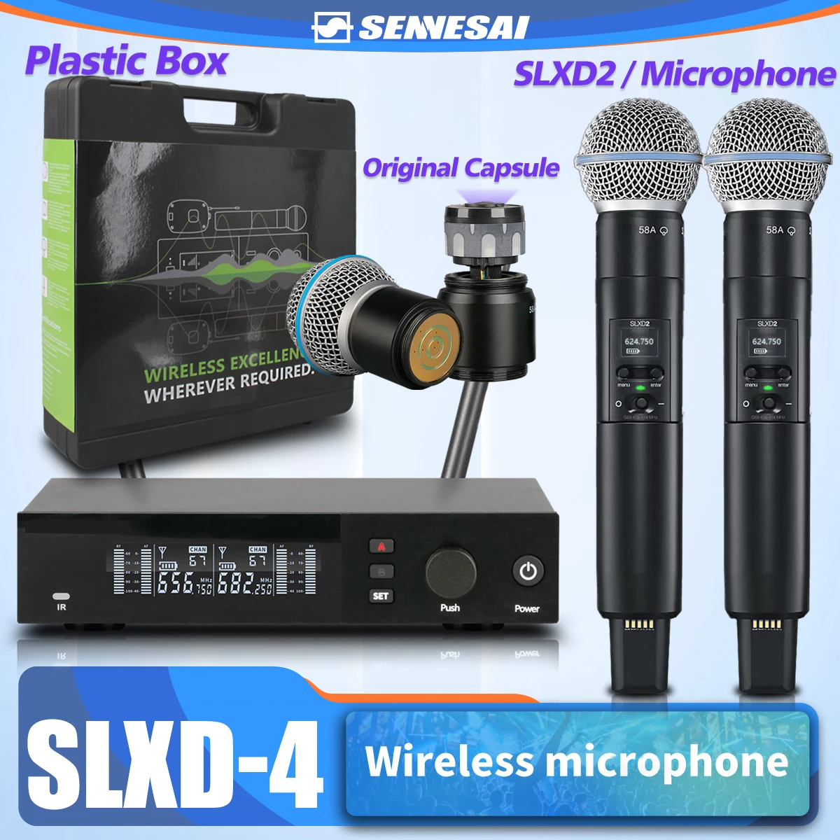 

Top Quality！SLXD4 Professional Dual Wireless Microphone Stage Performance 2 Channels 600-699MHz UHF Karaoke Metal Handheld SLXD2