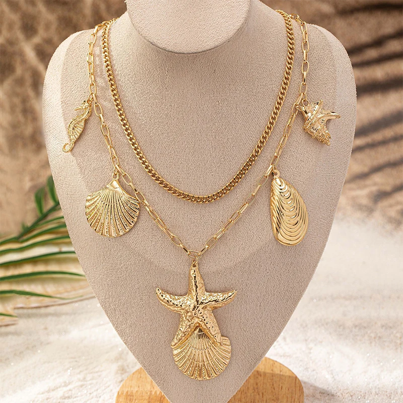 Exaggerated Hippocampus Starfish Shell Pendant Choker Necklace For Women Girls Vacation Fashion Necklace Jewelry Accessories