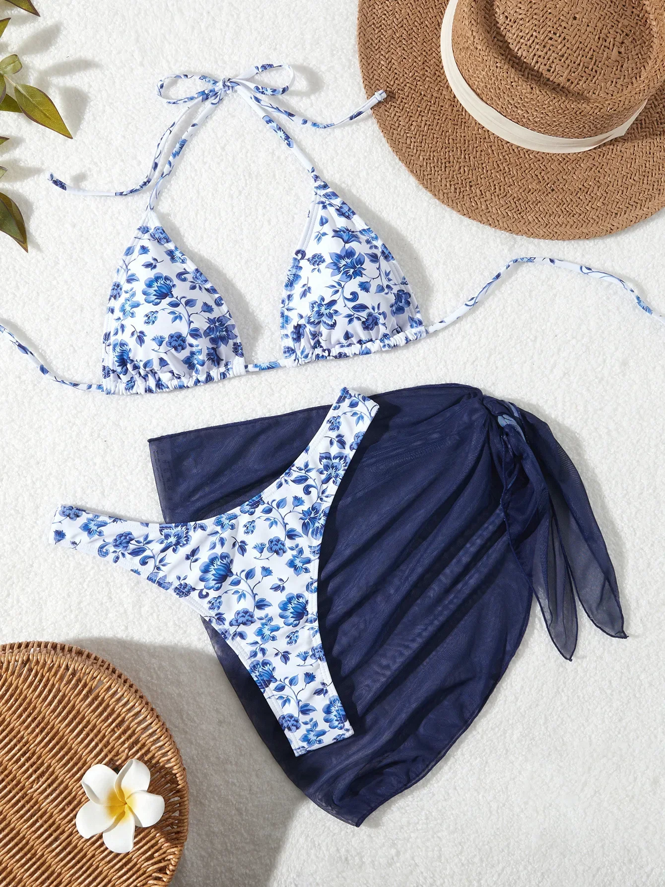 

Женский комплект бикини из 3 предметов из прозрачной сетки, летний сексуальный треугольный топ с завязками спереди и низ с высокой талией, профессиональный регулируемый купальник