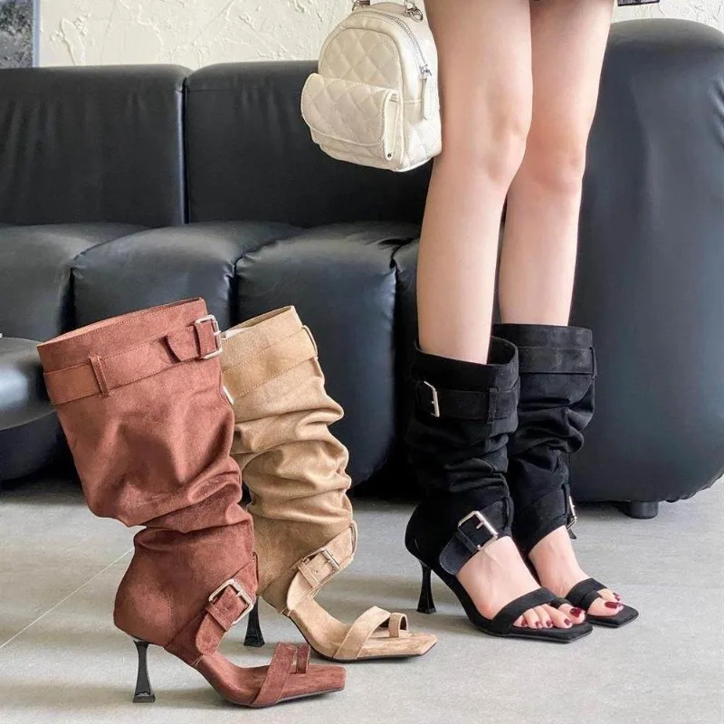 Neue Y2K Damen Wildleder-Sandalen Kniehohe Stiefel mit Schnallenverschluss Stiletto-Absätze Quadratische Offene Zehenpartie Reißverschluss Street-Style Damen High-Heel-Stiefel