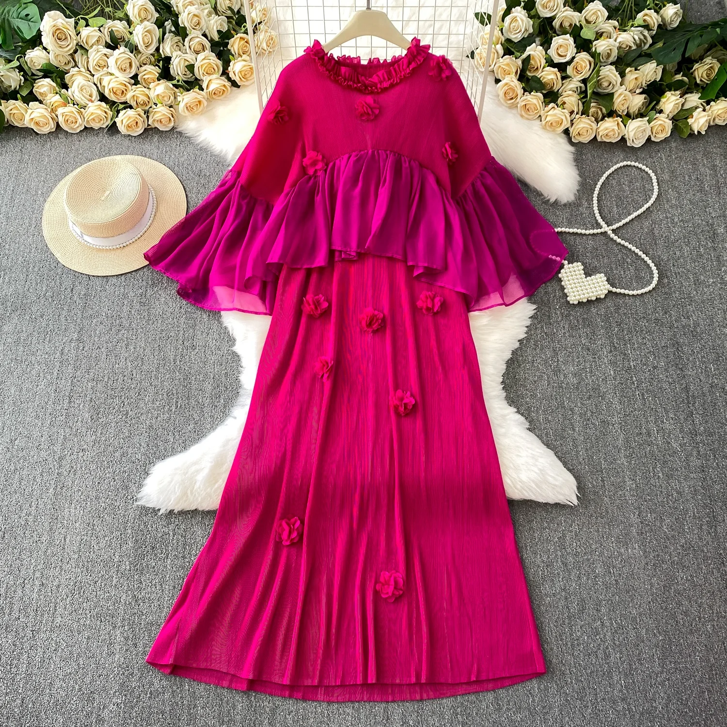 Długa sukienka midi z kwiatowym wzorem, zdobiona, z wysokim stanem, rozkloszowana, dla kobiet, idealna na imprezę.