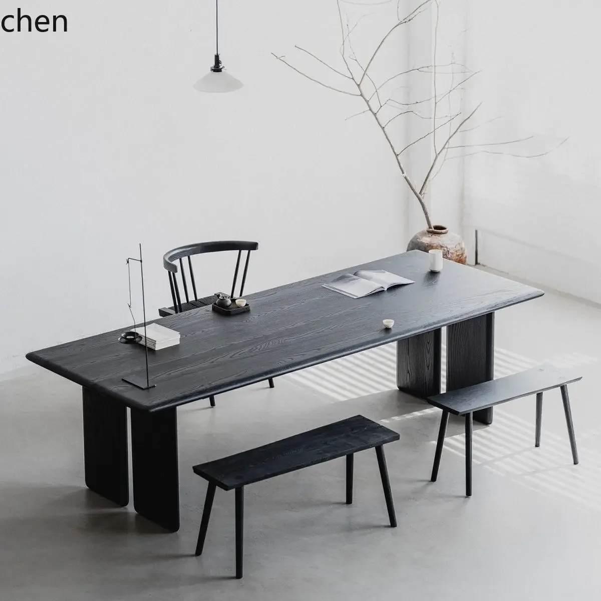 YY- Wabi-Sabi Style Carbonized Office Meeting Table Small Apartment Black Solid Wood Desk Workbench
