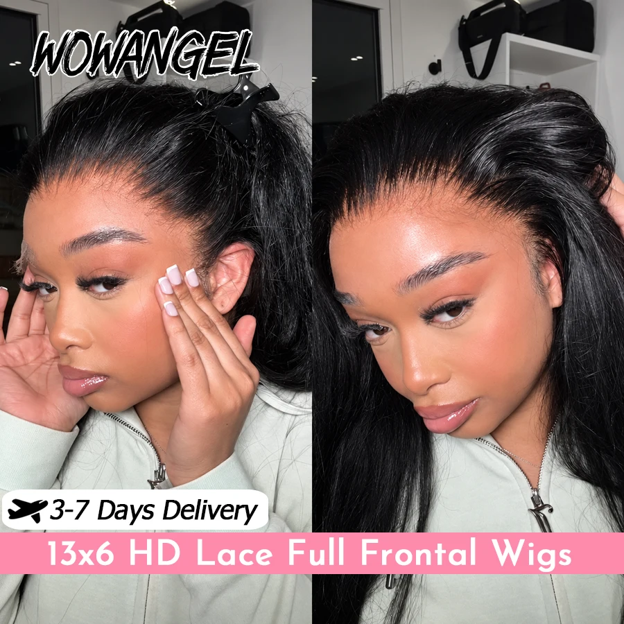 WOWANGEL Skinlike HD Lace Straight Wig Pre Plucked 13x6 HD Lace Frontal Wig Human Hair Glueless Silky Black Wig Natural Hairline