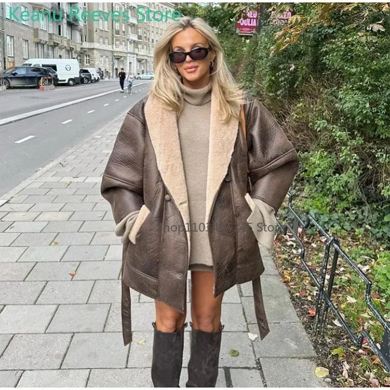 Women Sheepskin Neck Spliced Faux Leather Coat With Belt Fashion Loose Lapel Pocket Overcoat Lady Winter Warm Thicken Streetwear