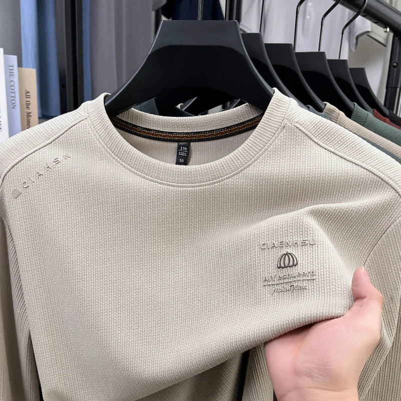 Light luxury brand men's fashion sportswear autumn new item trend letter embossed pullover casual round neck long sleeve T-shirt