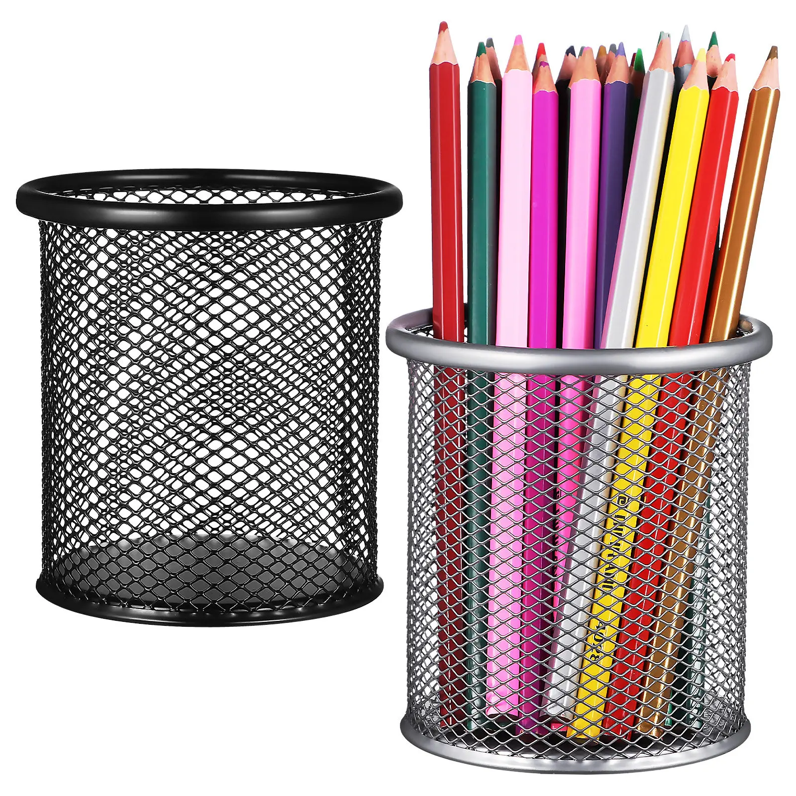 2Pcs Sleek Metal Mesh Pen Holder Cup Space Saving Desk Organizer for Pens Pencils Markers Hand Tools Stationery Storage
