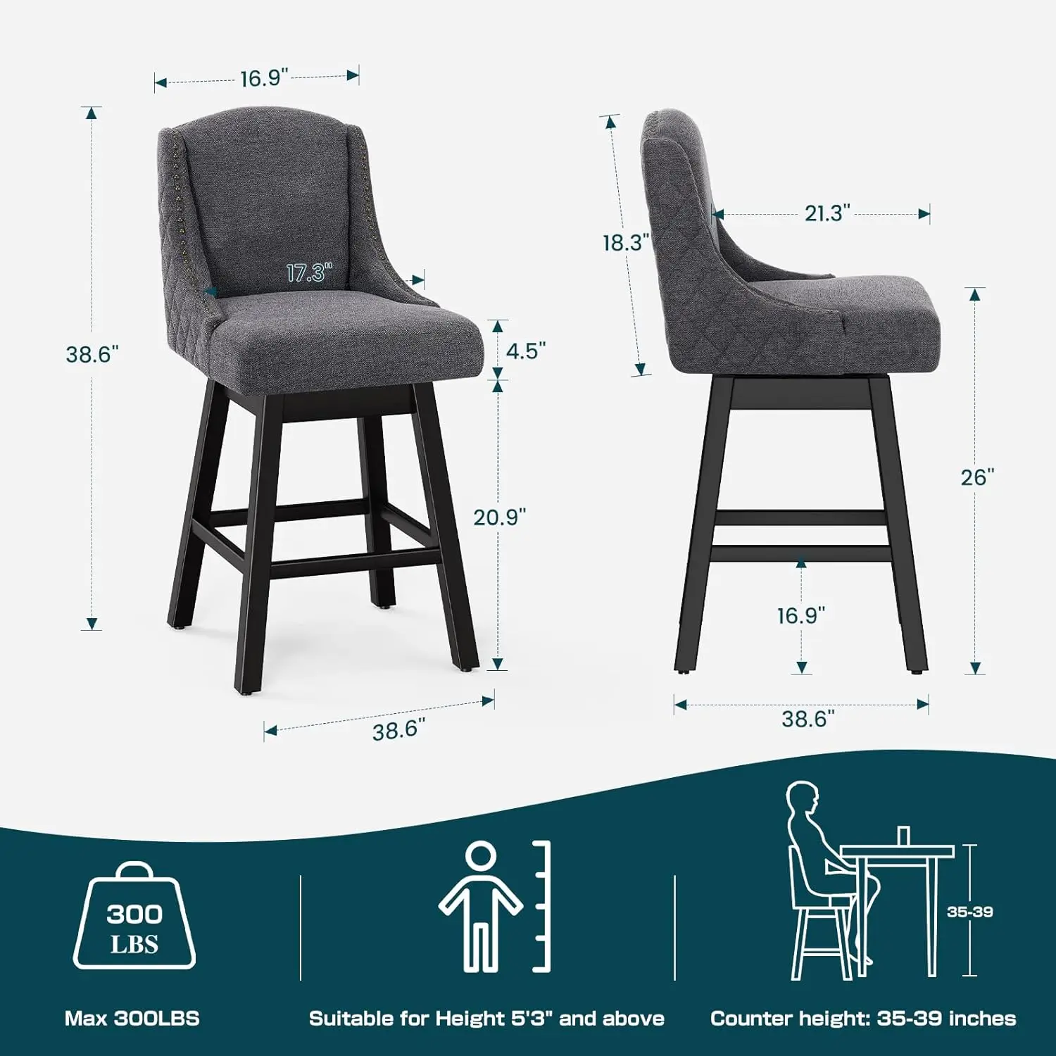 Counter-Ensemble de 2 modules de piste de bar recommandés, pied en bois massif, coussin rembourré souple, pied en bois massif, milieu du siècle