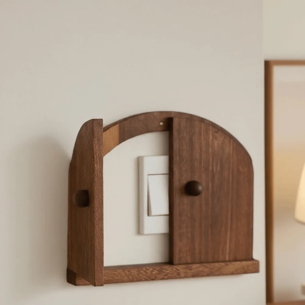 Double Door Design Solid Wood Switch Cover Self adhesive Rustic Style Socket Decorative Frame Door Shape Outlet Cover Bedroom