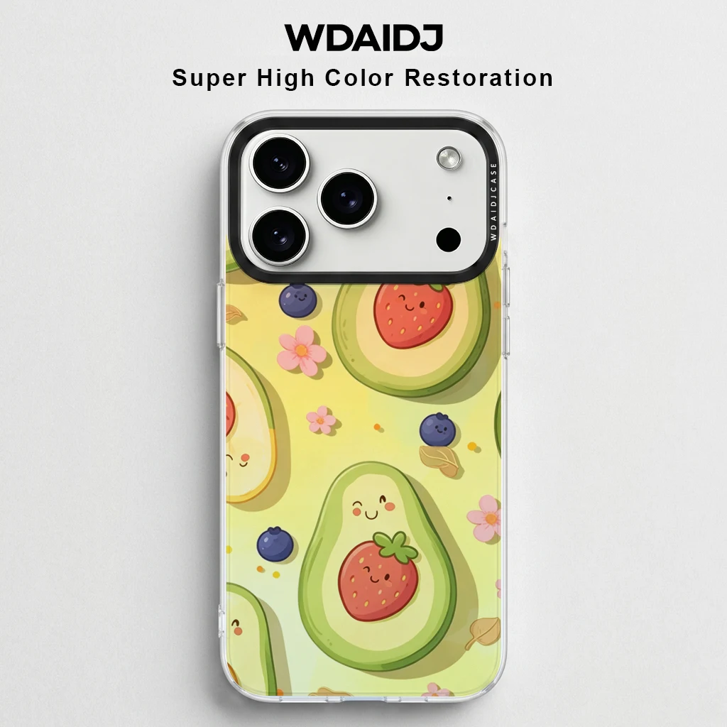 

Avocado Print With Strawberry Blueberry On Yellow Background Phone Case For iPhone 17 16 15 14 13 Kawaii Anti Drop Clear Cover