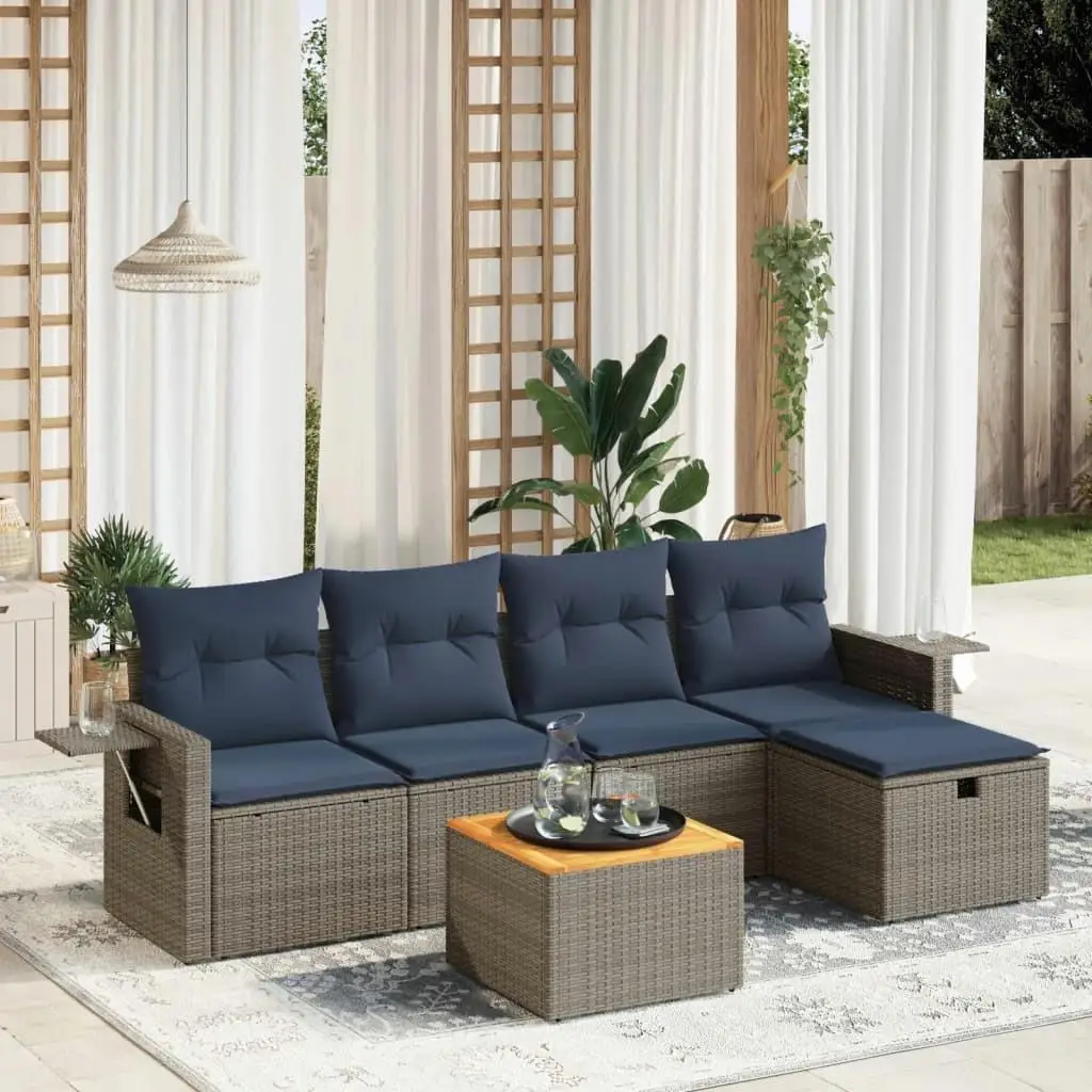 

6 Piece Outdoor Sofa Set Cushioned Gray Poly Rattan Stylish Patio Furniture