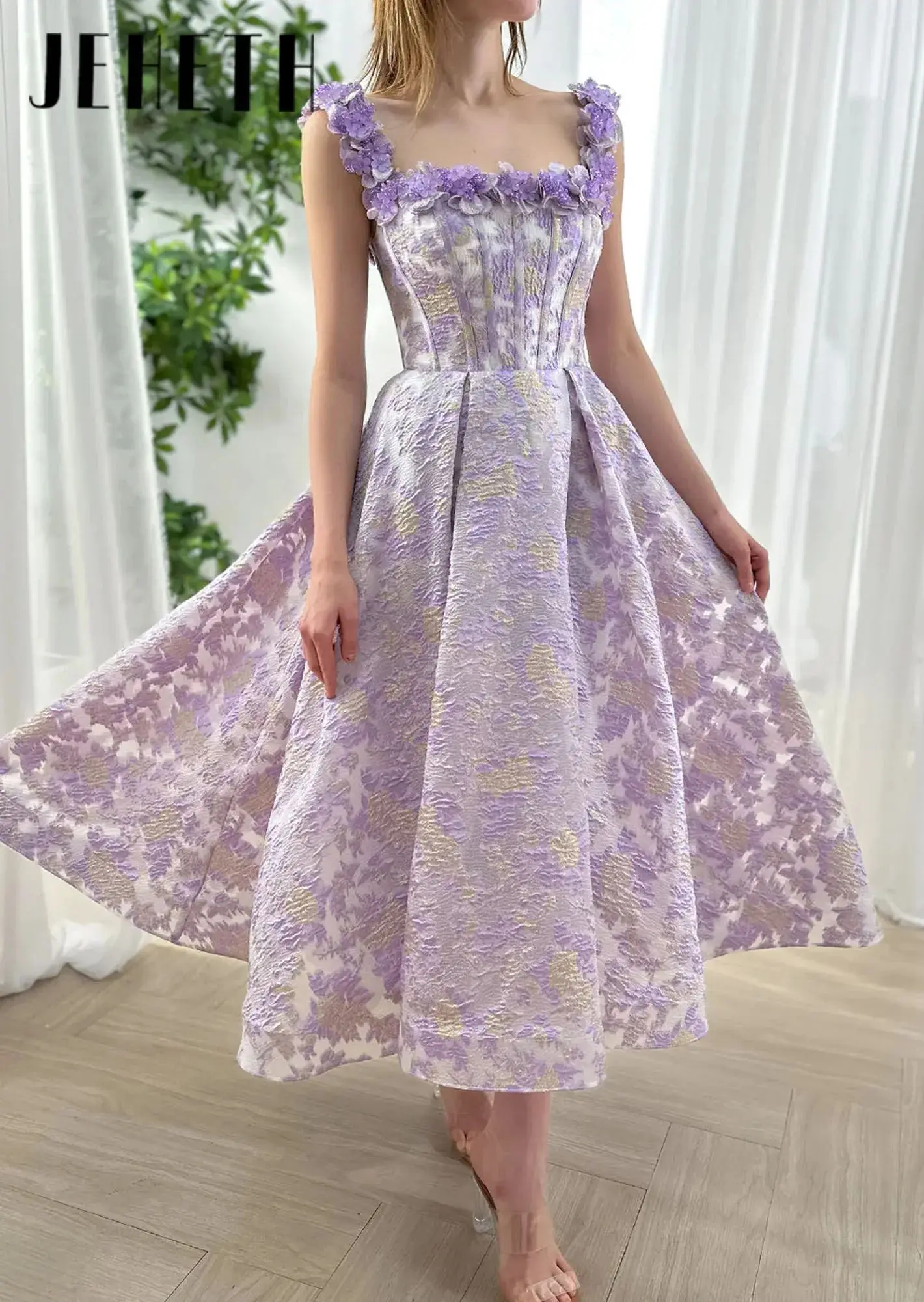 Korset Bloemen Kristallen Band A-lijn Lavendel Avondjurk Mouwloze Galajurk Enkellange Aangepaste Verjaardagsfeestjurk