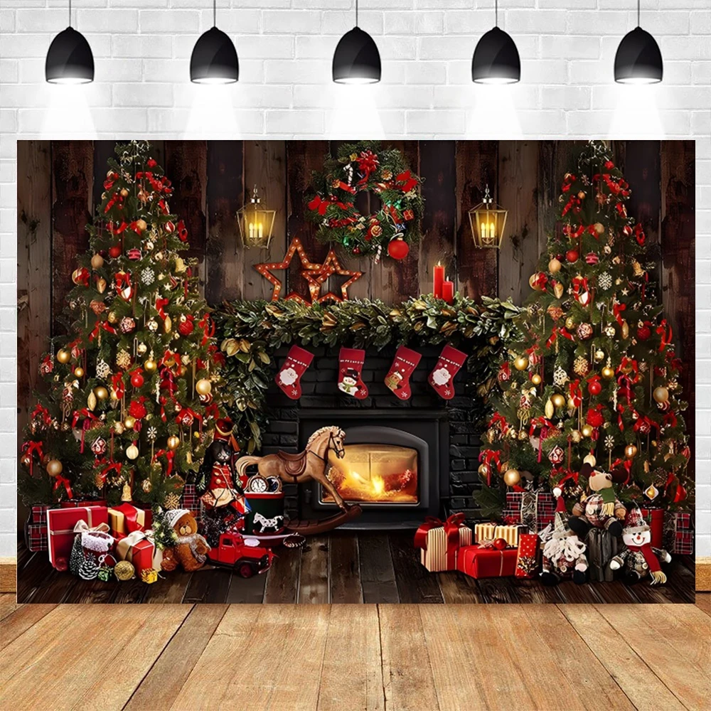 Toile de fond de photographie de cheminée de Noël, cadeaux d\'arbre de Noël, chaussette, fenêtre d\'hiver, décor de fête de famille, fond de studio