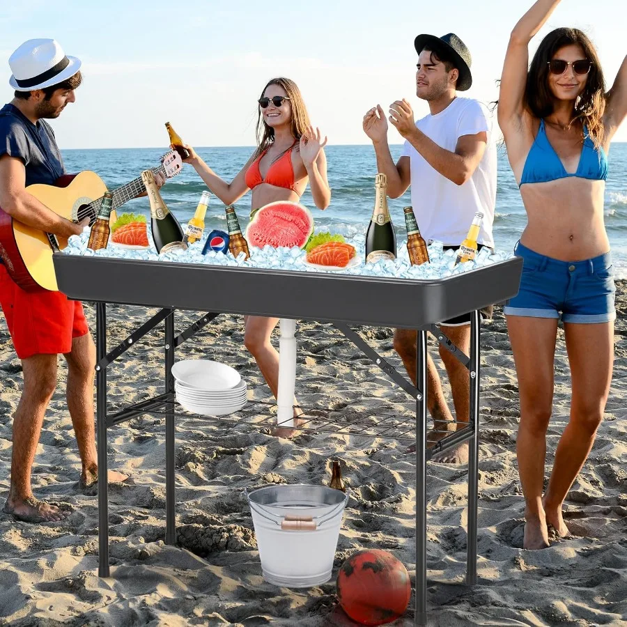 Portable Outdoor Ice Cooler Table with Drain and Folding Design for Party BBQ Camping Wedding Events 4Foot Large Capacity Coole