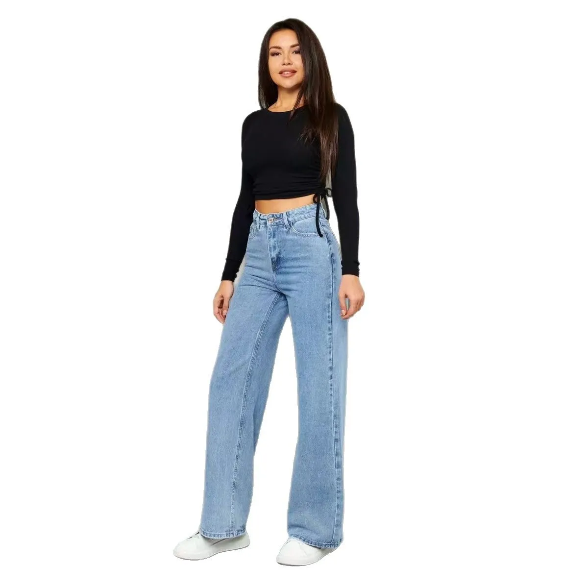

High Waist plus Size Wide Leg Jeans Women Ele Commuting Denim Pants Straight Cut Spring Season Ladies Pure Color