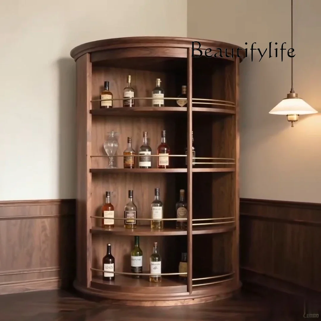 XR North American Black Walnut Solid Wood Wine Cabinet Modern Medieval Style Open Wine Cabinet Display Storage Against The Wall