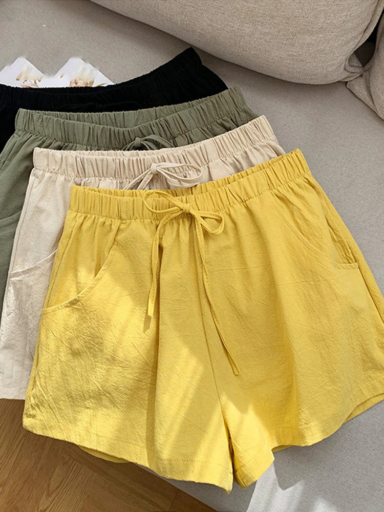 ITOOLIN Casualowe lniane szorty damskie Szorty do ćwiczeń na siłowni Krótkie spodnie z wysokim stanem Czarne damskie krótkie spodenki Femme Szorty damskie Sport Femme