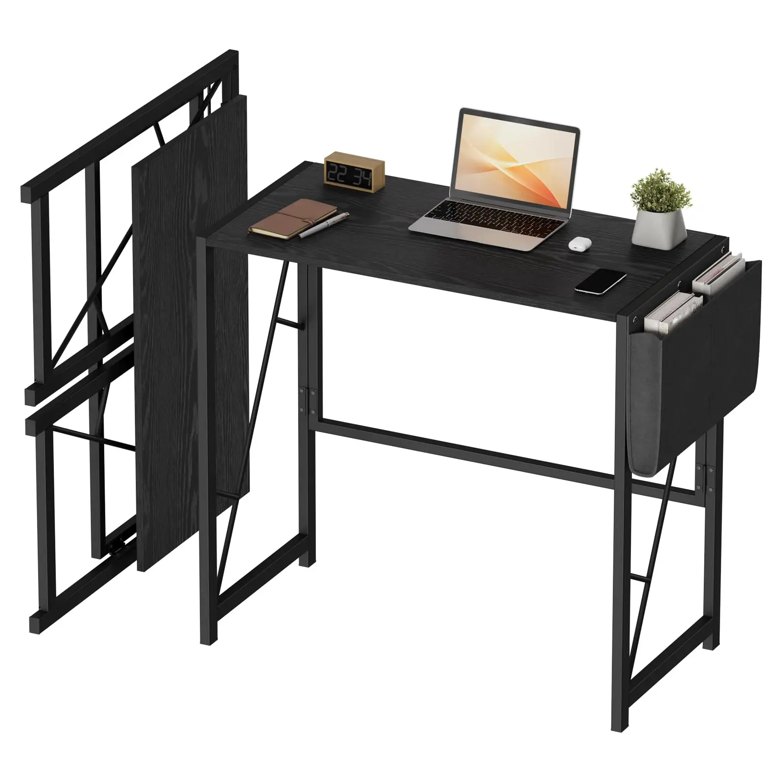 Compact Folding Computer Desk, 31.5 in Home Office Writing Desk for Small Spaces - Side Storage Pocket, 2 Headphone Hooks, Sturdy Metal Frame - Collapsible