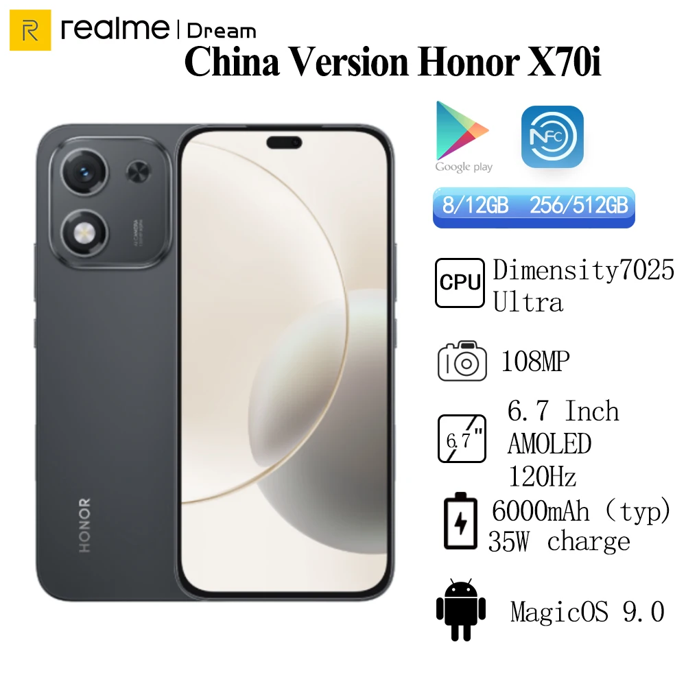 نسخة cchian Honor X70i Dimensity 7250 Ultra Battery 6000mAh 35W Charge Screen 6.7 بوصة 120HZ 108MP كاميرا خلفية NFC