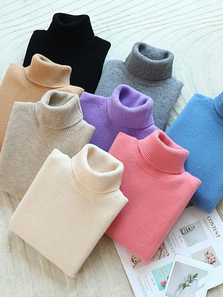 children 100% Wool Turtleneck Sweater Girls Solid Wool Undershirt Winter Warm Pullover Sweater boys cashmere adolescent Sweater