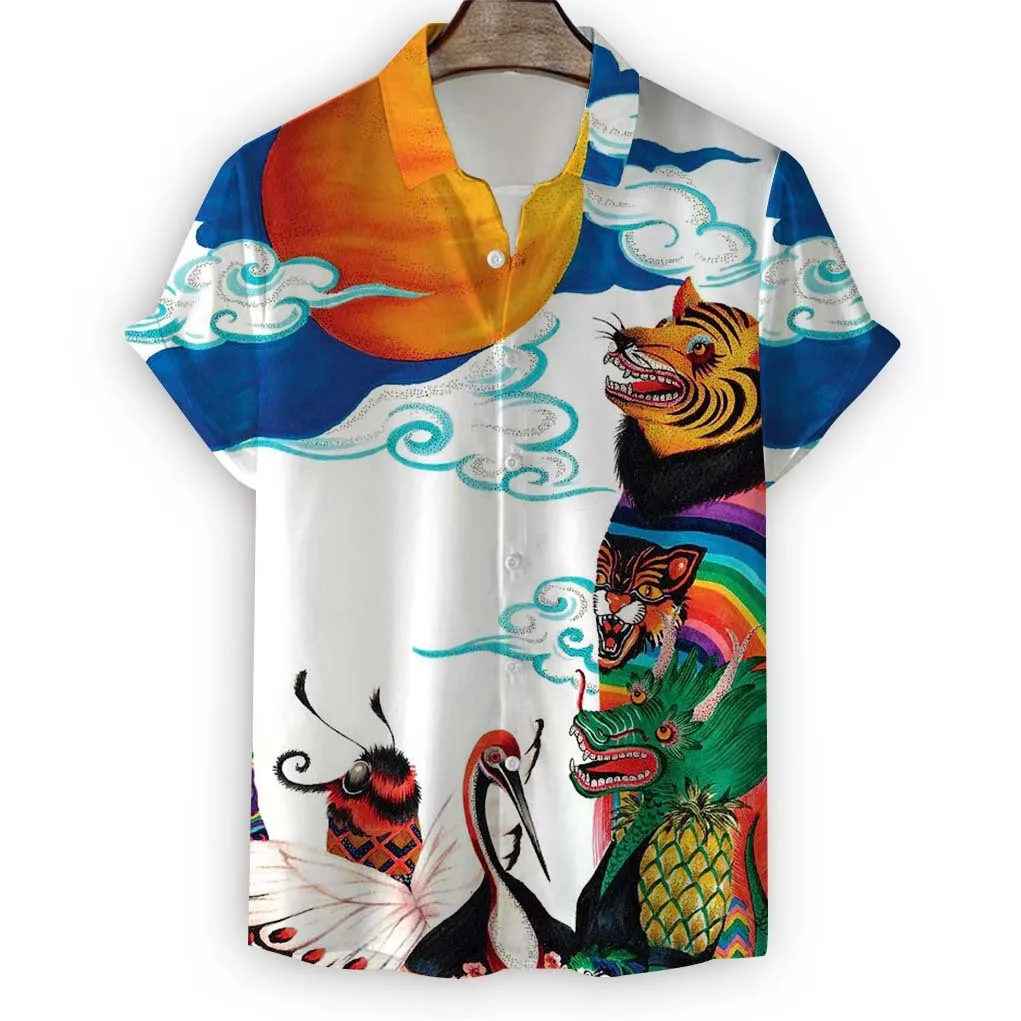 

2023 Men's Summer Retro Design Graffiti Printing Short-Sleeved Shirt Loose All-Match Flower Shirt
