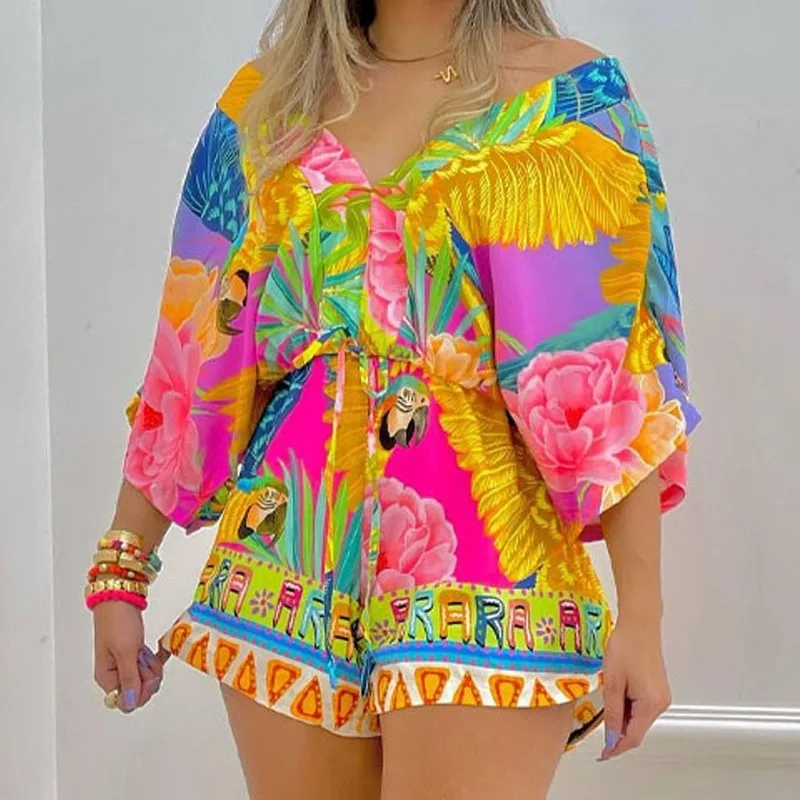 

2024 Spring Summer New Women's Clothing V-neck Long-Sleeved Printed One-Piece Shorts