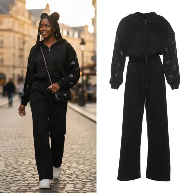 

Stylish Women’s Hoodie Pants Set With Rhinestone Letters Comfortable Loose Fit Autumn Sweatshirt Trouser Set For Casual Outfits