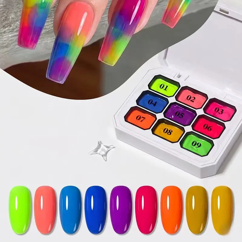 9-color fluorescent neon solid nine-square grid gel, UV nail gel, pat-on gradient blush gel