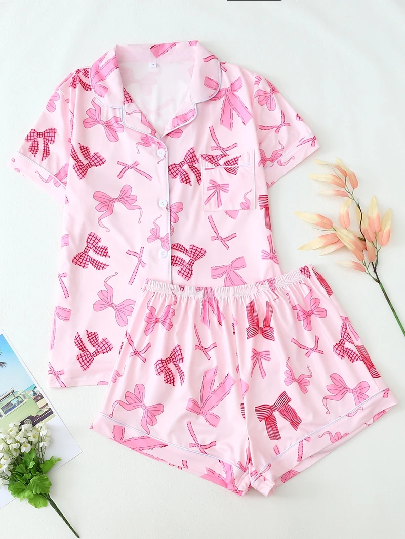 

Розовый милый пижамный комплект с бантом из 2 предметов, топ с короткими рукавами и лацканами, мягкие эластичные шорты для женщин, летняя одежда для дома и одежда для сна, пижамы