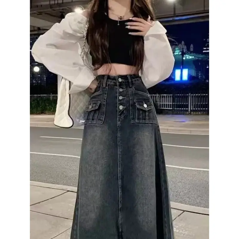 High Waist A-Line Midi Denim Skirt Women Summer Slimming Vintage American Design plus Size Cotton Blend Business Casual Skirt view 4