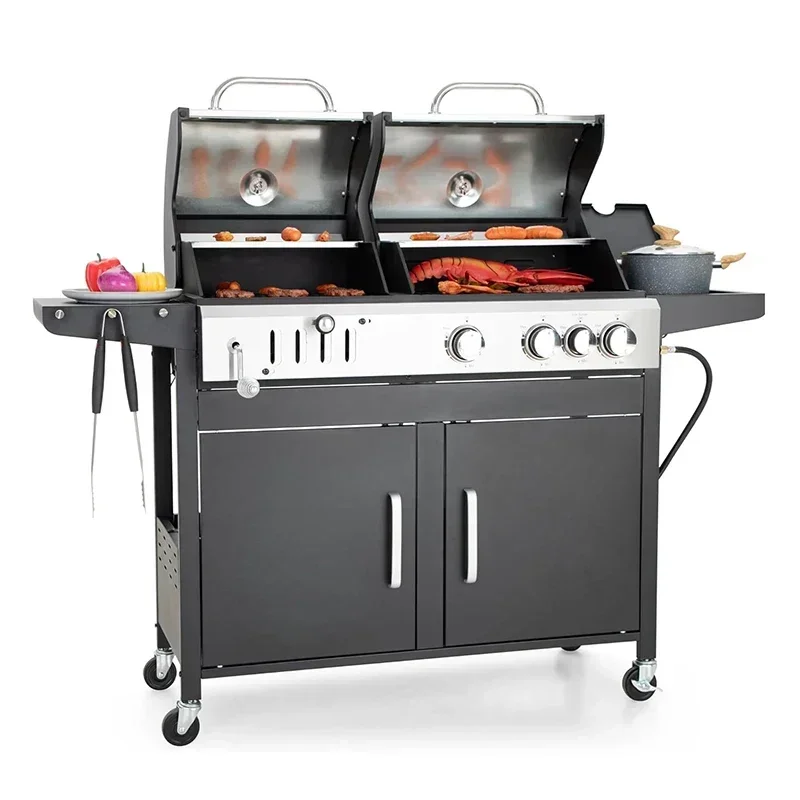 Captiva Designs Propane Gas Grill Charcoal Grill Combo with Side Burner Porcelain-Enameled Cast Iron Grate Dual Fuel BBQ Grill