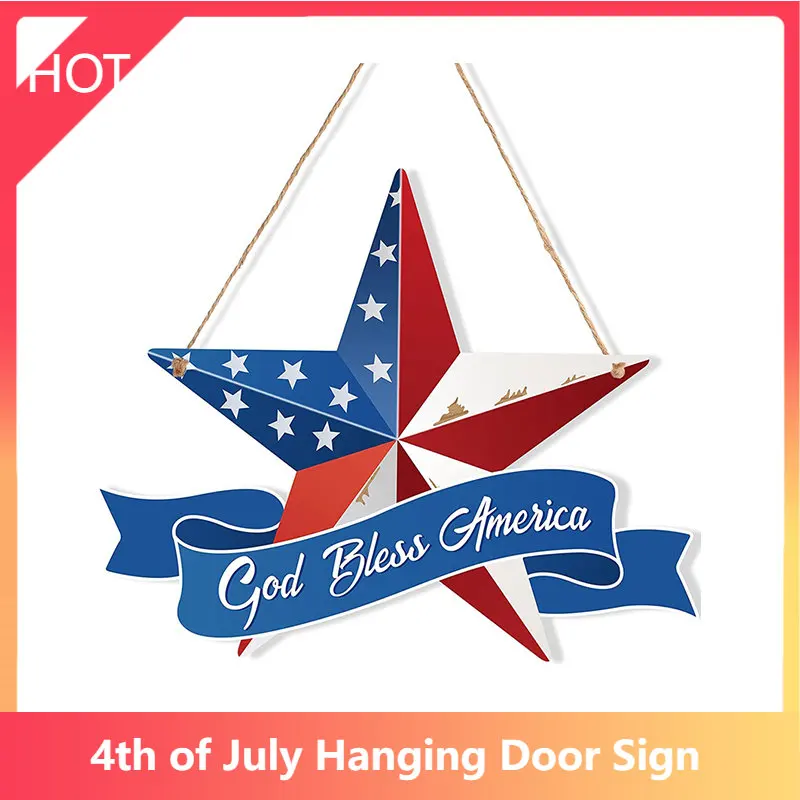 

4th of July Hanging Door Sign 2PCS Independence Day Decorations American Rustic Wooden Plaque with Rope Patriotic Style