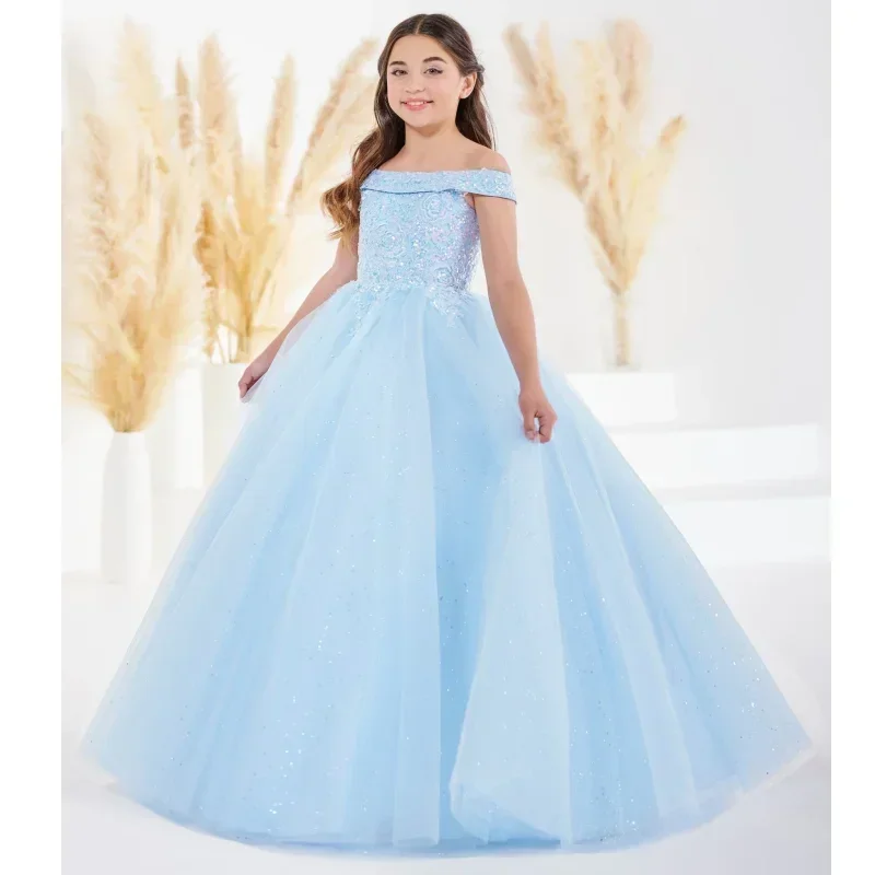 

New Light Pink Tulle Sequin Appliques Sleeveless For Wedding Flower Girl Dresses Birthday Party Banquet Holy Communion Gowns