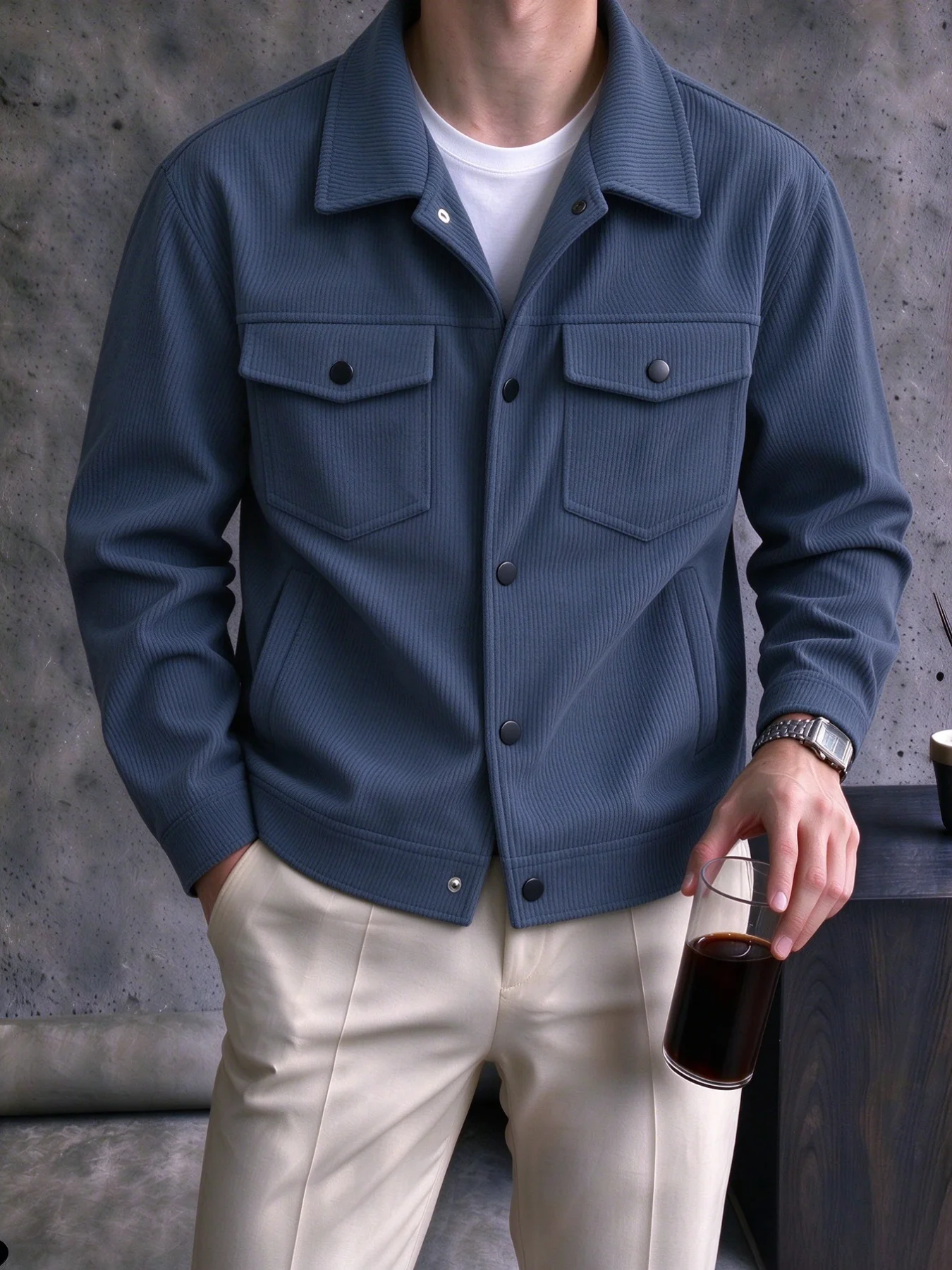 Men's Lapel Button Jacket, Solid Vertical Texture Casual Trucker Coat, Long Sleeve Chest Pocket Outerwear For Daily Wear