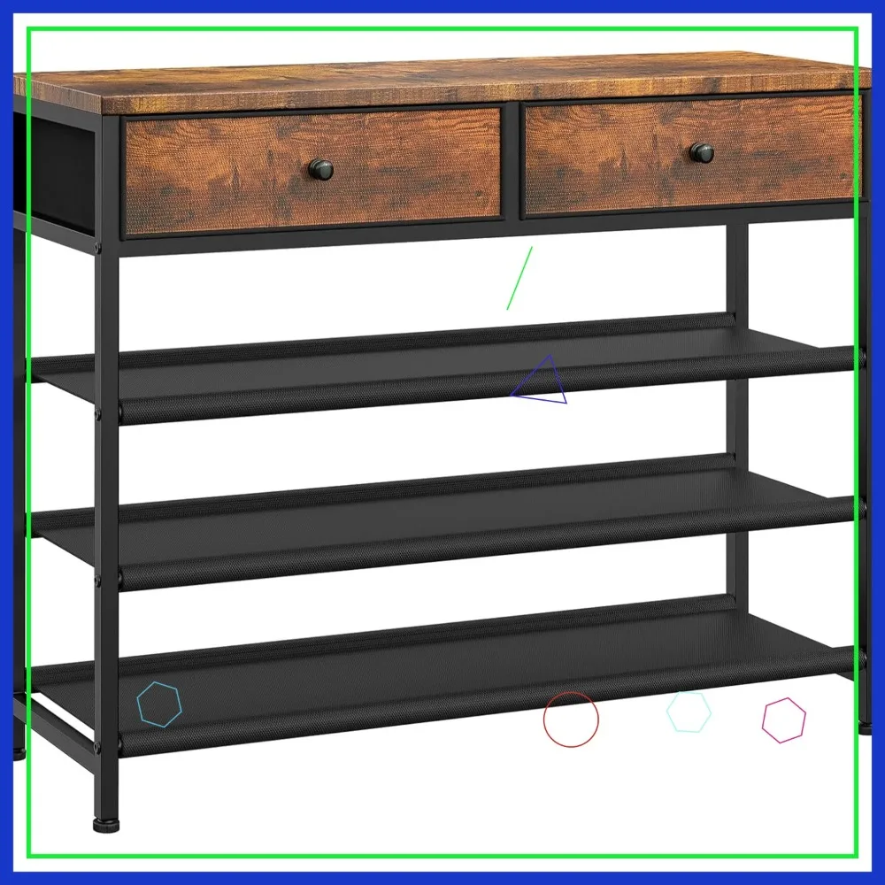 

4 Tier Shoe Rack with 2 Drawers, Holds 12-15 Pairs, Metal Frame & Wooden Top, Rustic Brown