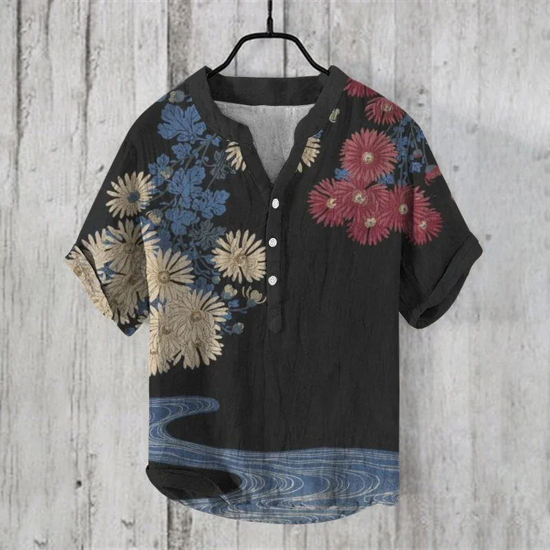 Vintage Clothes Men's Clothing Fashion Casul Shirts Print Short Sleeve Henry Shirt Tops Summer Mens Clothing 2024 Offer Cardigan