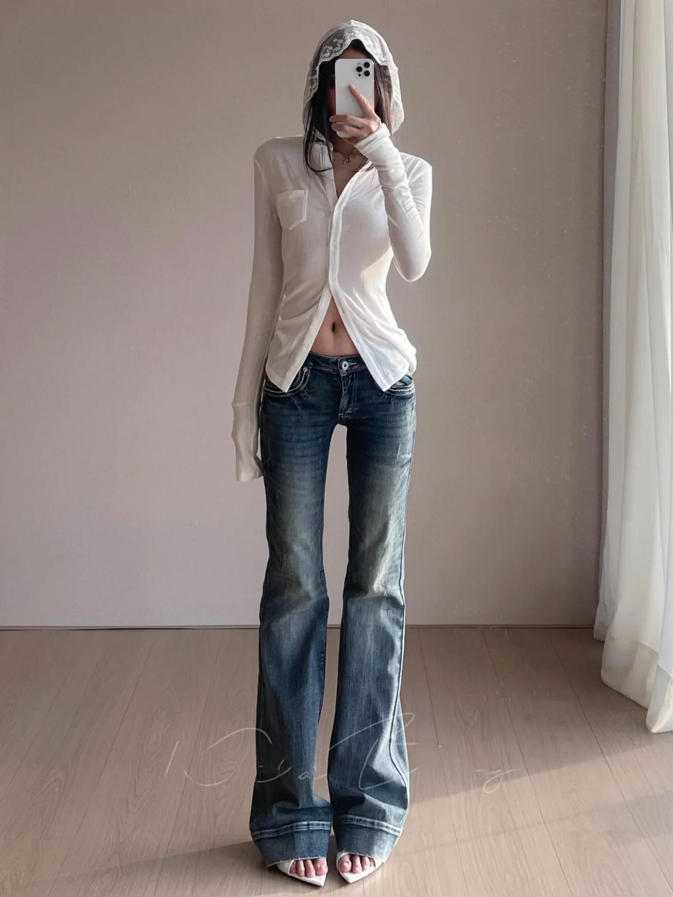 

Low Waist Flared Jeans Women's Embroidered Slimming Cotton Stretch Denim Casual Style Decorative Stitching Versatile Long Pants