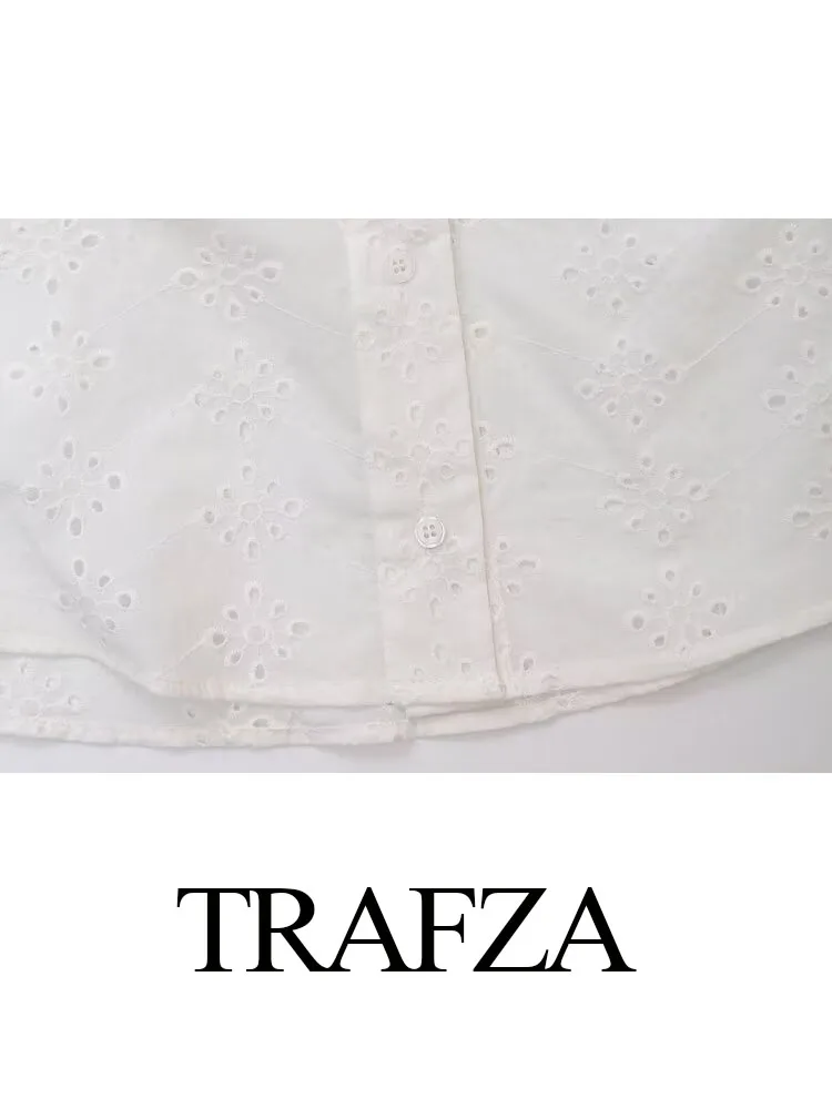 TRAFZA Women 2 Piece Set White Hollow Embroidery Single-Breasted Lapel Short Sleeve Casual Shirt+Zipper Folds Long Skirt TRAF