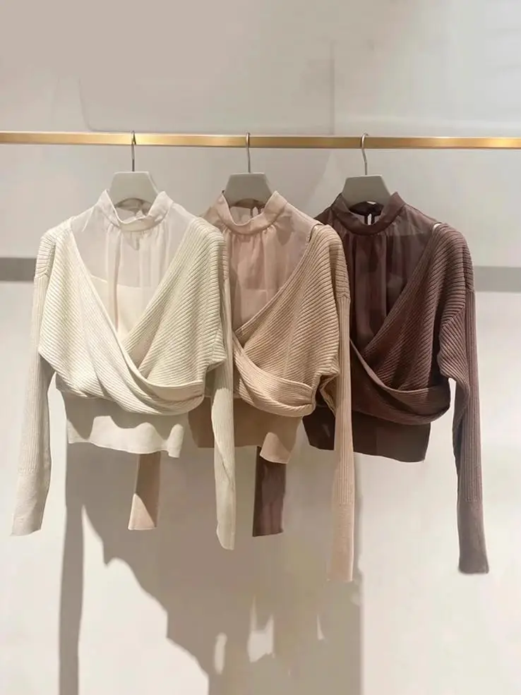 

Новинка осени 2024: Женский вязаный топ с открытыми плечами, воротником и контрастными вставками, однотонный, повседневный, с длинным рукавом