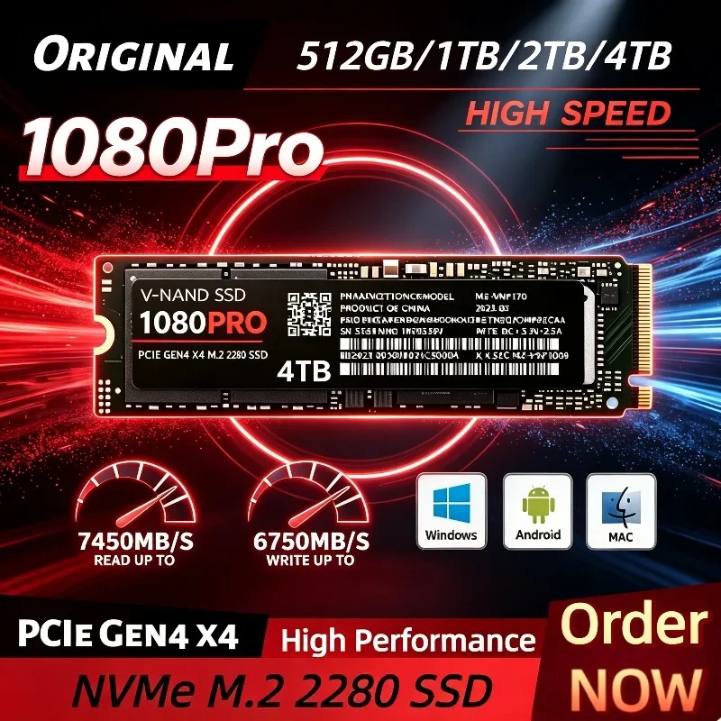 Original 1080Pro 512GB-4TB PCIe 4.0 M.2 2280 NVMe SSD, 7450MB/s Read Performance Solid Drive Upgrade for Gaming and Workstations