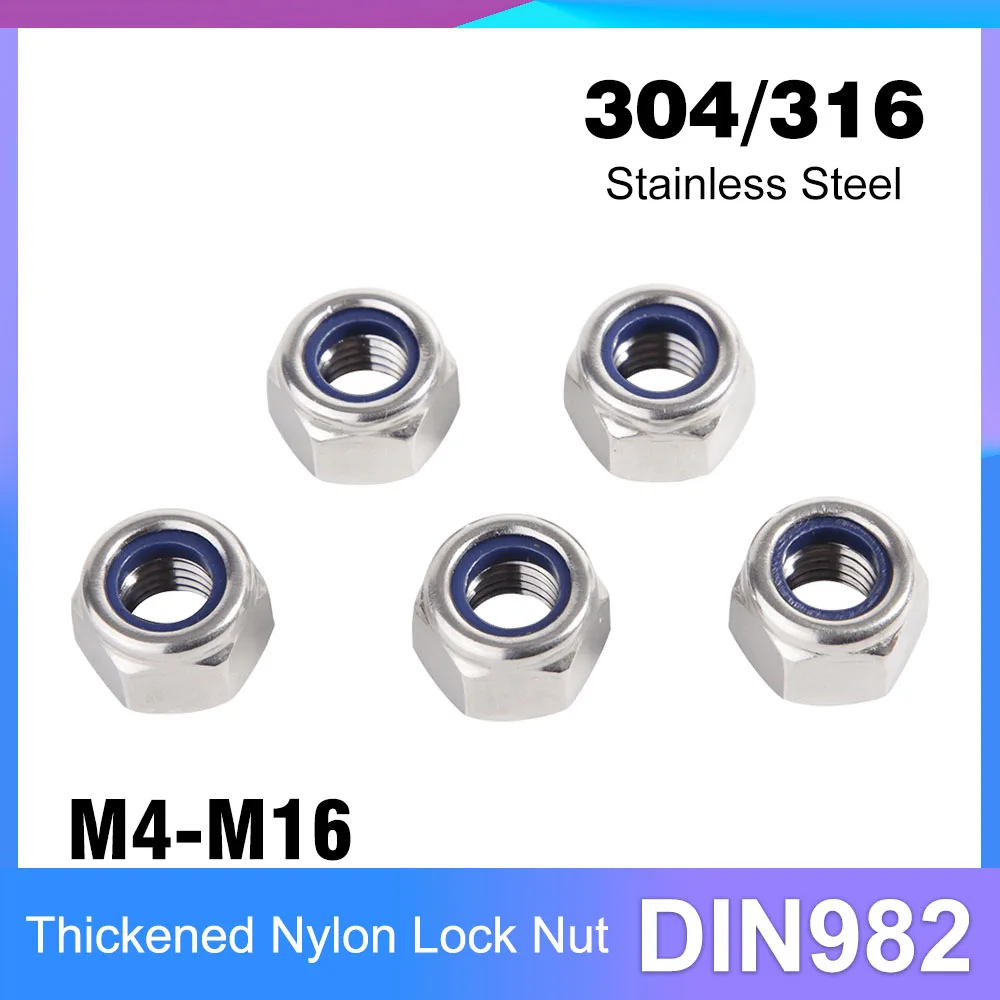 A2-70/A4-80 Thickened Nylon Lock Nut M4 M5 M6 M8 M10 M12 M16 304/316 Stainless Steel Nylon Insert Self-locking Nut DIN982