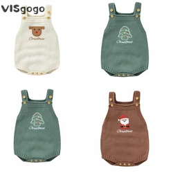 VISgogo Newborn Bodysuit Baby Boys Girls Christmas Clothes Sleeveless Elk Santa Claus Embroidery Knit Rompers Xmas Party Clothes